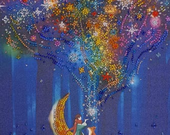 Bead Embroidery Kit Dreamer, DIY Beaded Moon, Stars Embroidery