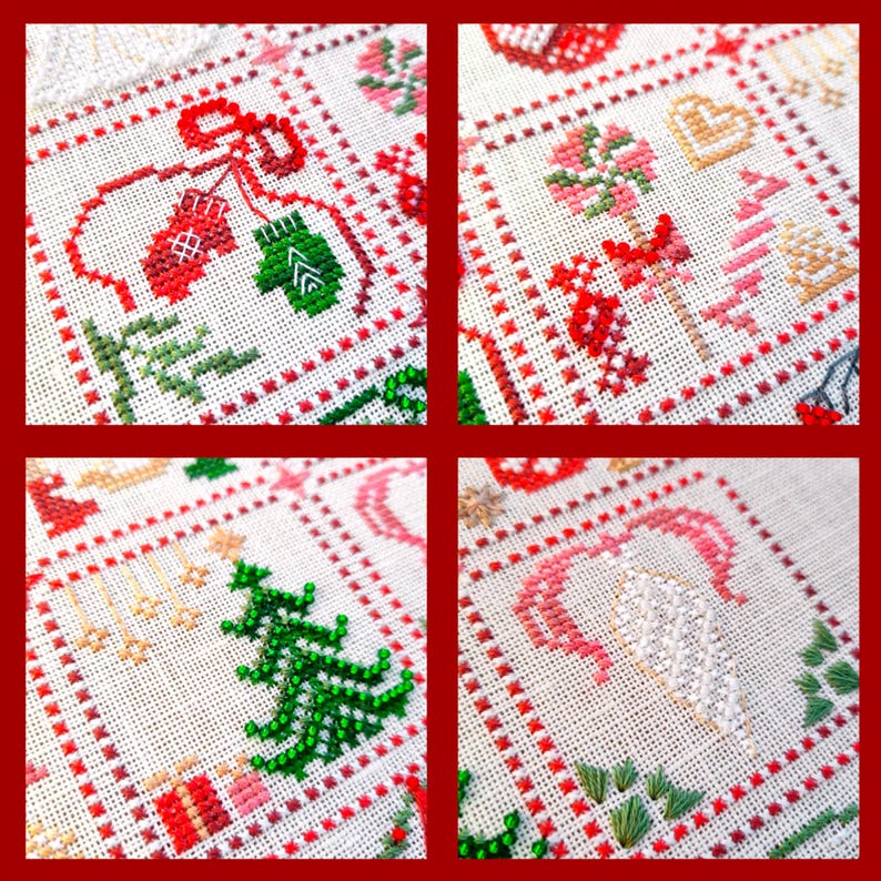 May include: A close-up of a cross-stitch sampler with four squares, each featuring a different Christmas-themed design. The designs include mittens, candy canes, Christmas trees, and hearts, all in red, green, and white.