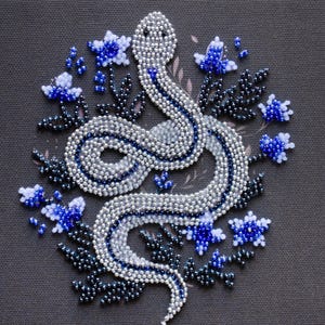 Bead Embroidery Kit Silver Serpantine, Serpent Embroidery, Beaded Silver Snake, Blooming Colorful Flowers