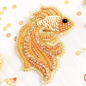 Bead Embroidery Kit Golden Fish Brooch, Fish Embroidery, Beaded Fish Brooch
