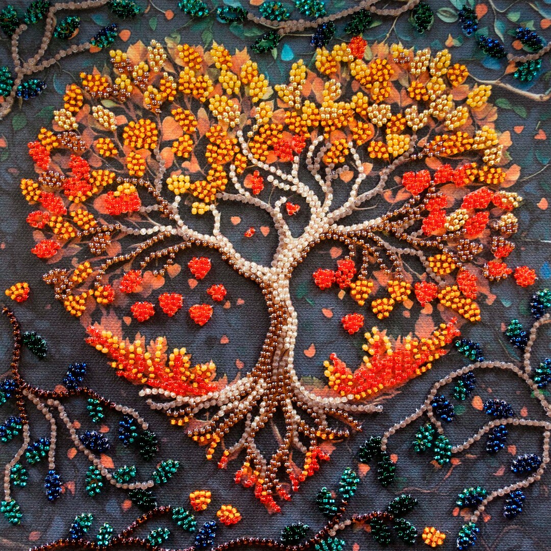 Tree Epdm Pattern Bead Embroidery Kit Autumn Tree, Tree Embroidery, Beaded Colorful Tree ...