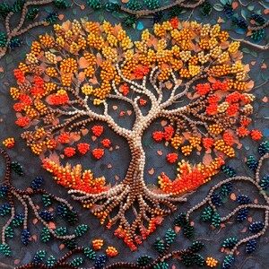 Peut inclure: Un arbre en perles avec une canopée en forme de cœur. L'arbre est fait de perles brunes, orange et jaunes. L'arrière-plan est un tissu bleu foncé avec de petites perles colorées.