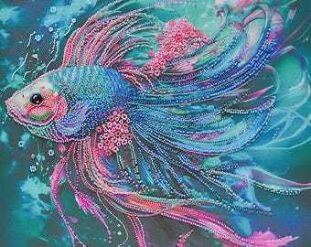 Bead Embroidery Kit Colorful Fish, Fish Embroidery, DIY Beaded Fish