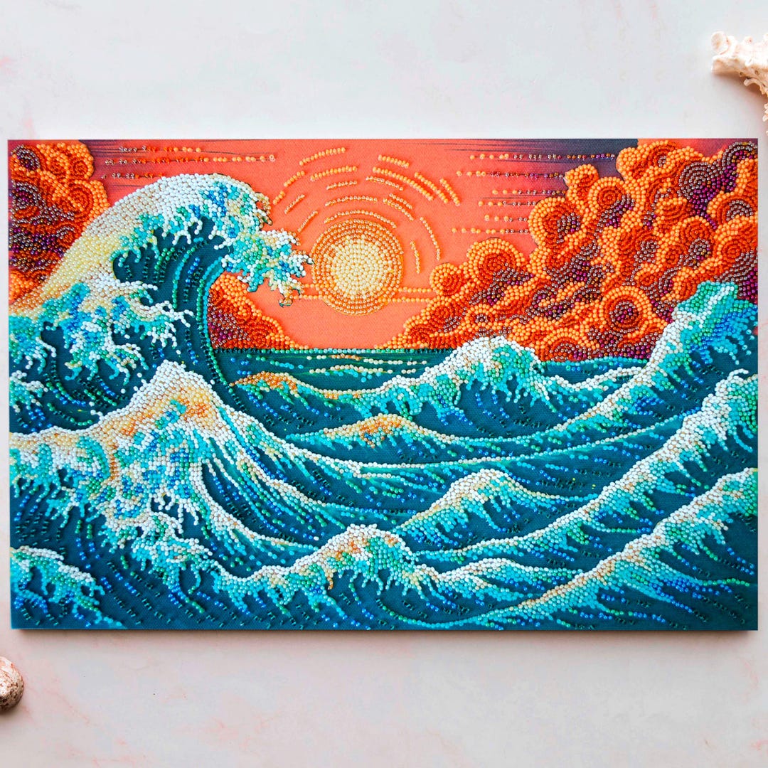 ビーズ刺繍キット 夕焼けの海の波、リラックスできる海辺の装飾