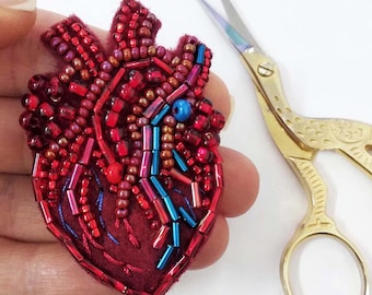 Bead Embroidery Kit Heart Brooch, Anatomical Heart Jewelry, Beaded Medical Brooch, Heart Embroidery, Handmade Heart Pin