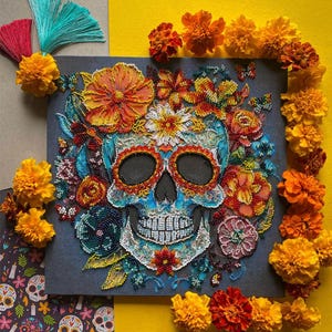 Zestaw do haftu koralikowego Calavera, haft czaszki, DIY koralikowa czaszka i kwiaty
