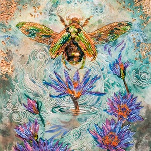 Bead Embroidery Kit Golden Beetle, Insect Embroidery, DIY Beaded Bug