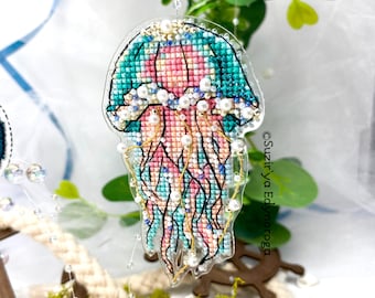 Cross Stitch Kit Sea Jellyfish, DIY Underwater Decor, Jellyfish Embroidery, Handmade Ocean Gift
