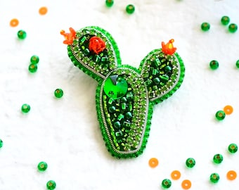 Bead Embroidery Kit Charming Cactus Brooch, Green Cactus Embroidery, DIY Beaded Cactus Brooch