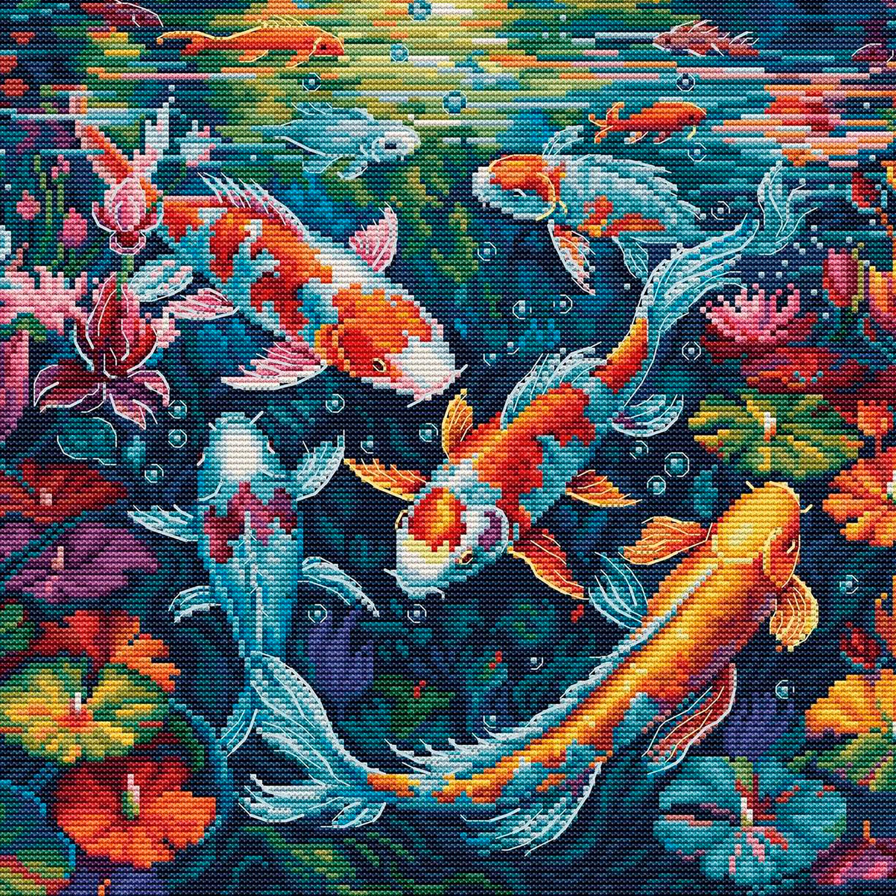 クロスステッチキット 水族館、鯉のいる池、魚の刺繍、カラフルな睡蓮