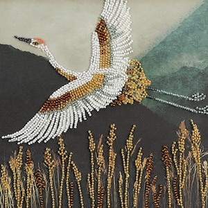 Bead Embroidery Kit Coming Home, Beaded White Crane, Bird Embroidery, Crane in Flight