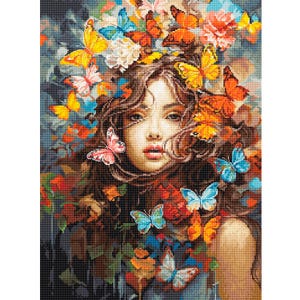 Cross Stitch Kit Butterflies Magic, Insect Embroidery, Colorful Butterflies, DIY Female Portrait