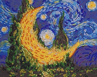 Bead Embroidery Kit Starry Night, Beaded Cypress Moon, Moon Embroidery, DIY Night Sky