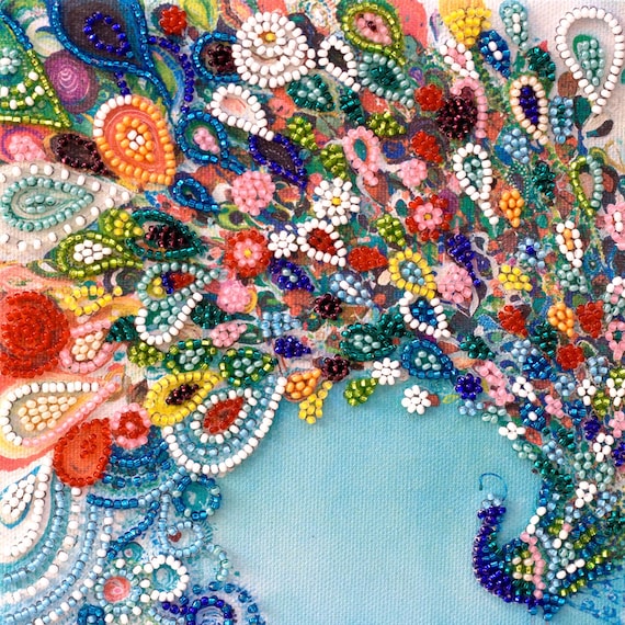 ビーズ刺繍キット カラーテール、ビーズ花柄孔雀、鳥刺繍、ロイヤル