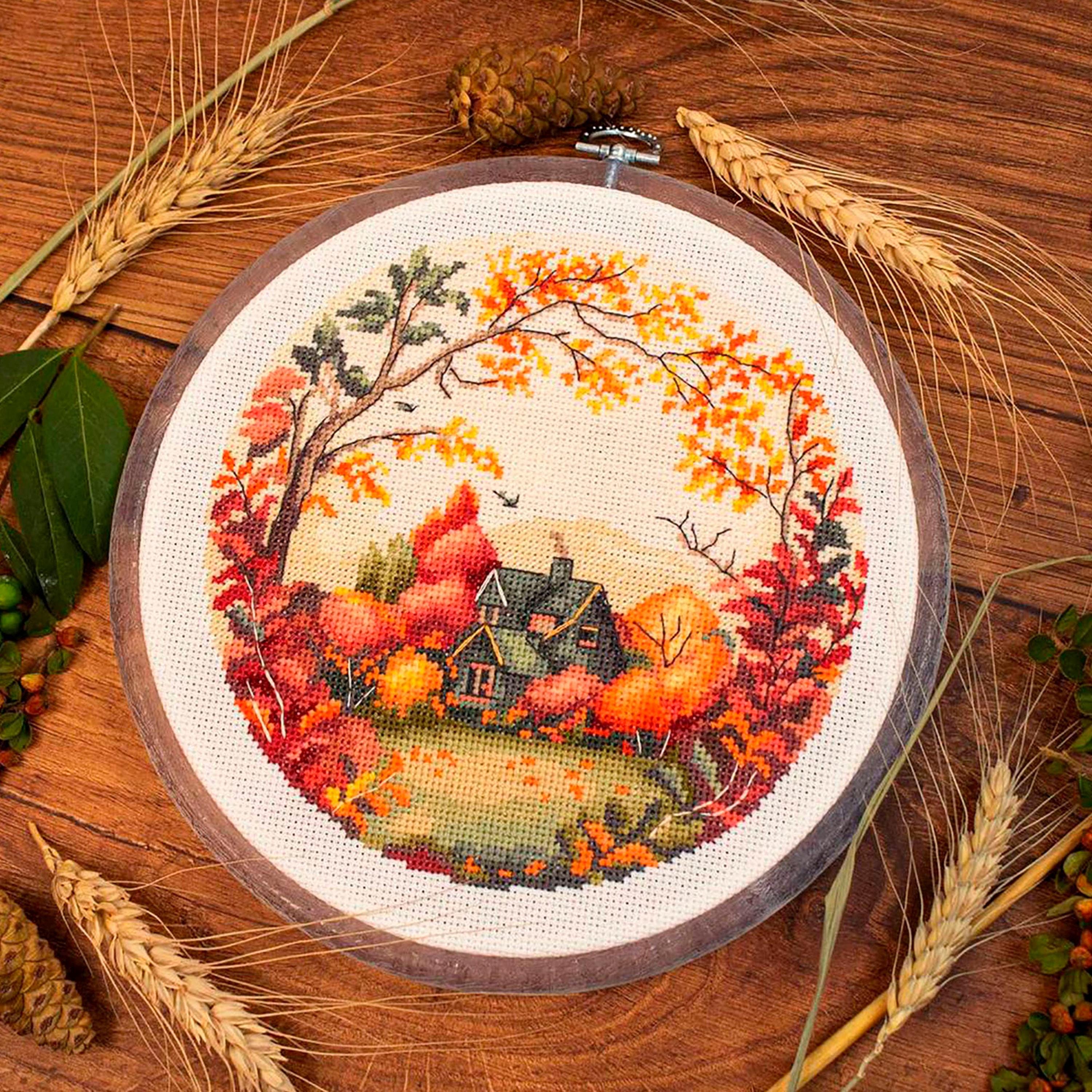 Cross Stitch Kit the Autumn, Autumn Landscape, DIY Autumn Cottage