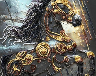 Kit de bordado con cuentas Trueno de la Oscuridad, Bordado de caballo, Caballo negro con cuentas, Bordado de caballo majestuoso, Decoración ecuestre DIY