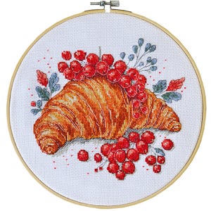 Cross Stitch Kit Redcurrant Croissant, Berry Croissant Delight, Croissant Embroidery, Breakfast in Stitches, DIY Kitchen Decor