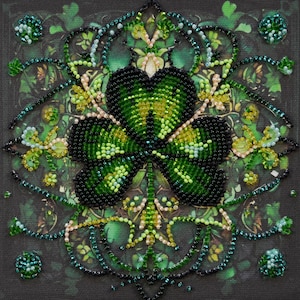 May include: A square, beaded artwork featuring a green and black butterfly design. The butterfly is the focal point, surrounded by intricate beaded patterns in shades of green, yellow, and black. The background has a dark green, leafy pattern.