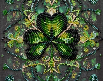 ビーズ刺繍キット グリーンクローバー、クローバー刺繍、DIYビーズ
