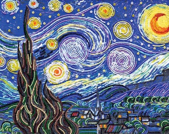 Bead Embroidery Kit Starry Night, Stars And Moon Embroidery, Needlepoint Kit