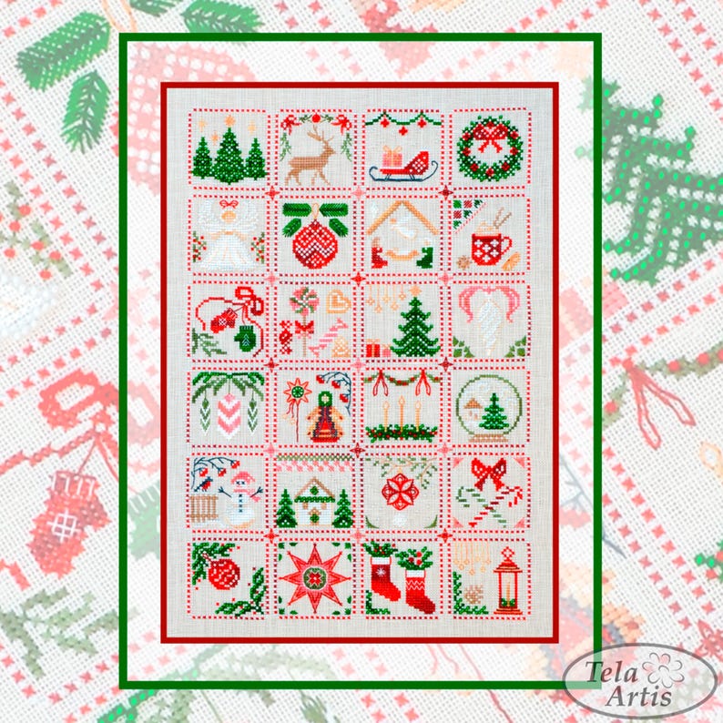 May include: A framed cross-stitch sampler with a green border, featuring a grid of Christmas-themed squares. Each square contains a different festive design, including trees, reindeer, ornaments, and stockings. The color palette is primarily red, green, and white.