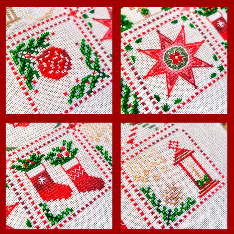 May include: Close-up of a Christmas-themed cross-stitch design. The design features red and green elements, including a star, ornaments, stockings, and a lantern, all set against a white background with a red border. The embroidery is detailed and festive.