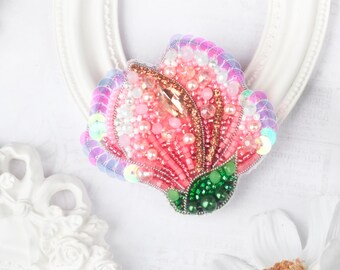 Perlenstickerei Brosche, Perlenstickerei Magnolie, Blumenstickerei, DIY Blumenschmuck
