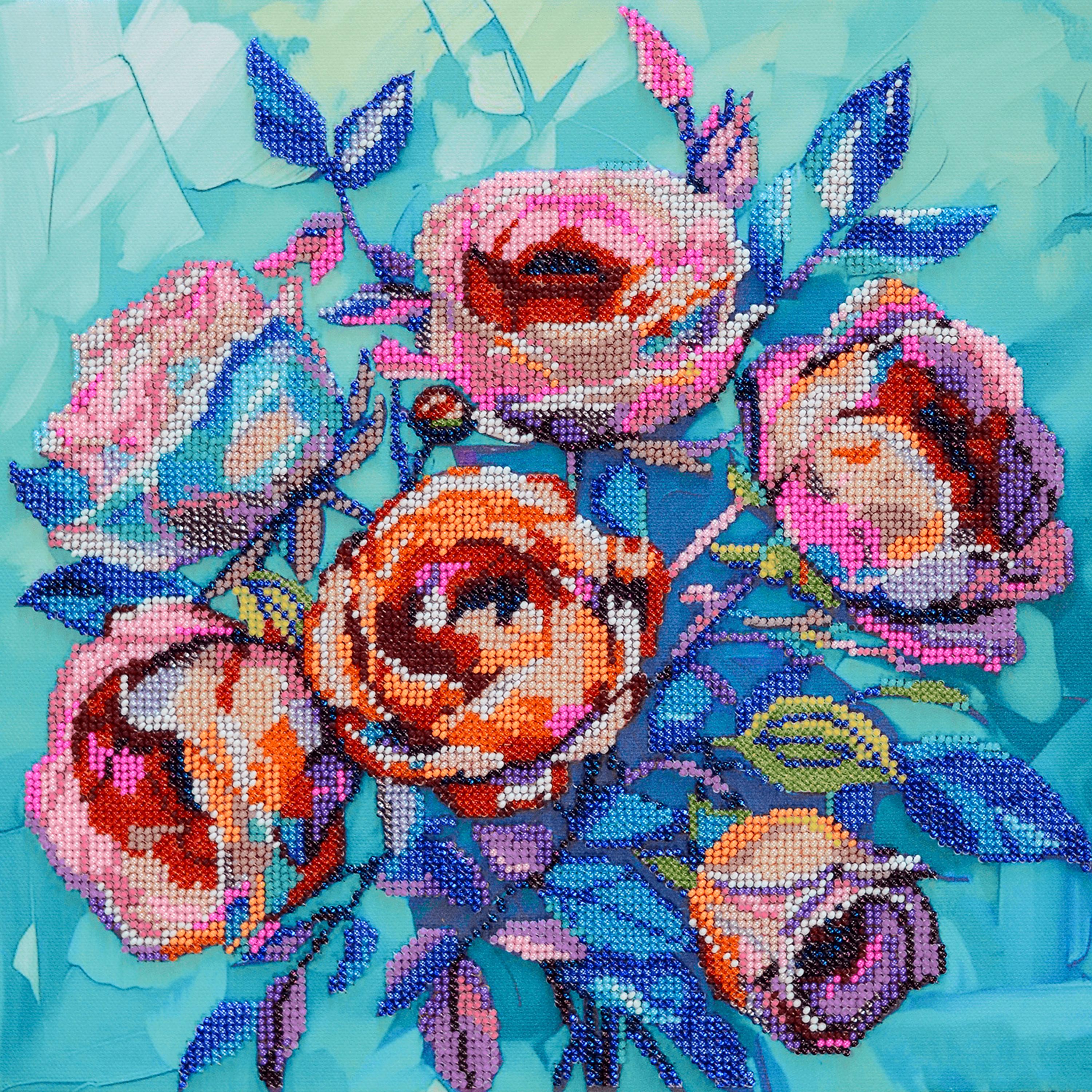 ビーズ刺繍キット 咲くバラ、ビーズで飾ったカラフルなバラ、花の刺繍