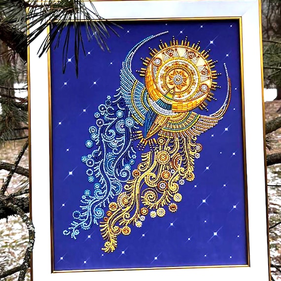 ビーズ刺繍キット 宇宙の鳥、ビーズの月と太陽、鳥の刺繍、天上の