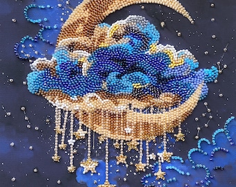 May include: A beaded artwork showing a crescent moon, clouds, and stars. The moon is gold, and the clouds are blue and white. Stars hang from the moon, and the background is dark blue.