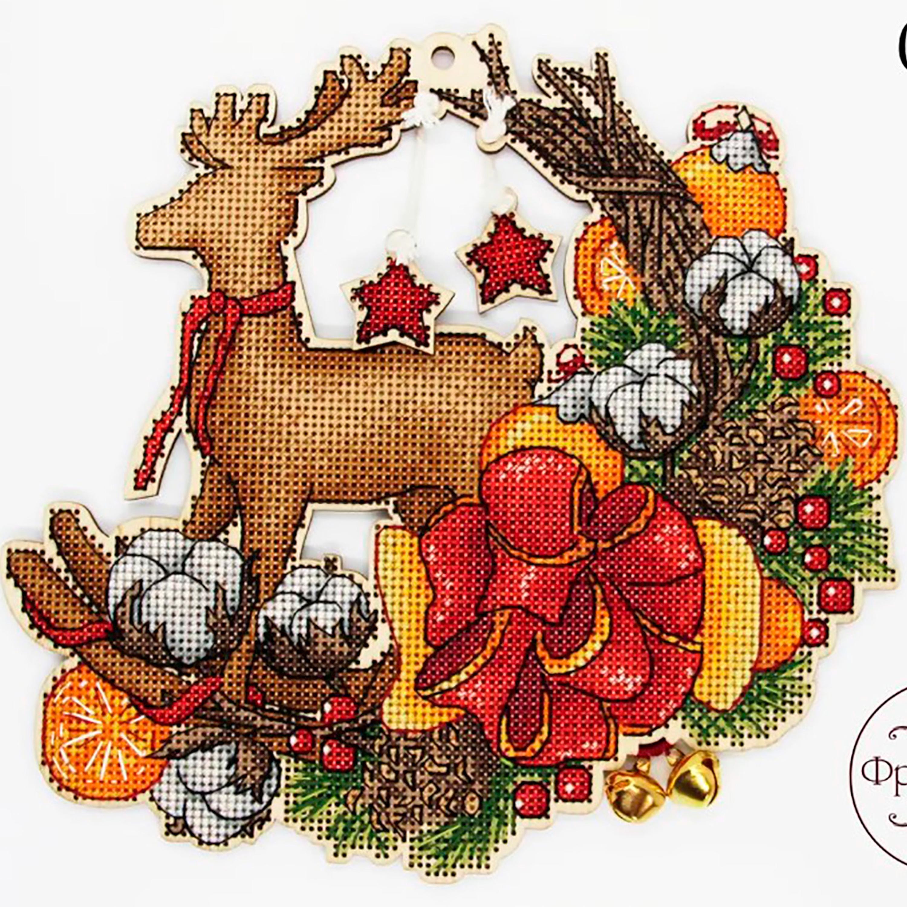 クロスステッチキット クリスマスリース、トナカイ刺繍、DIYクリスマス 