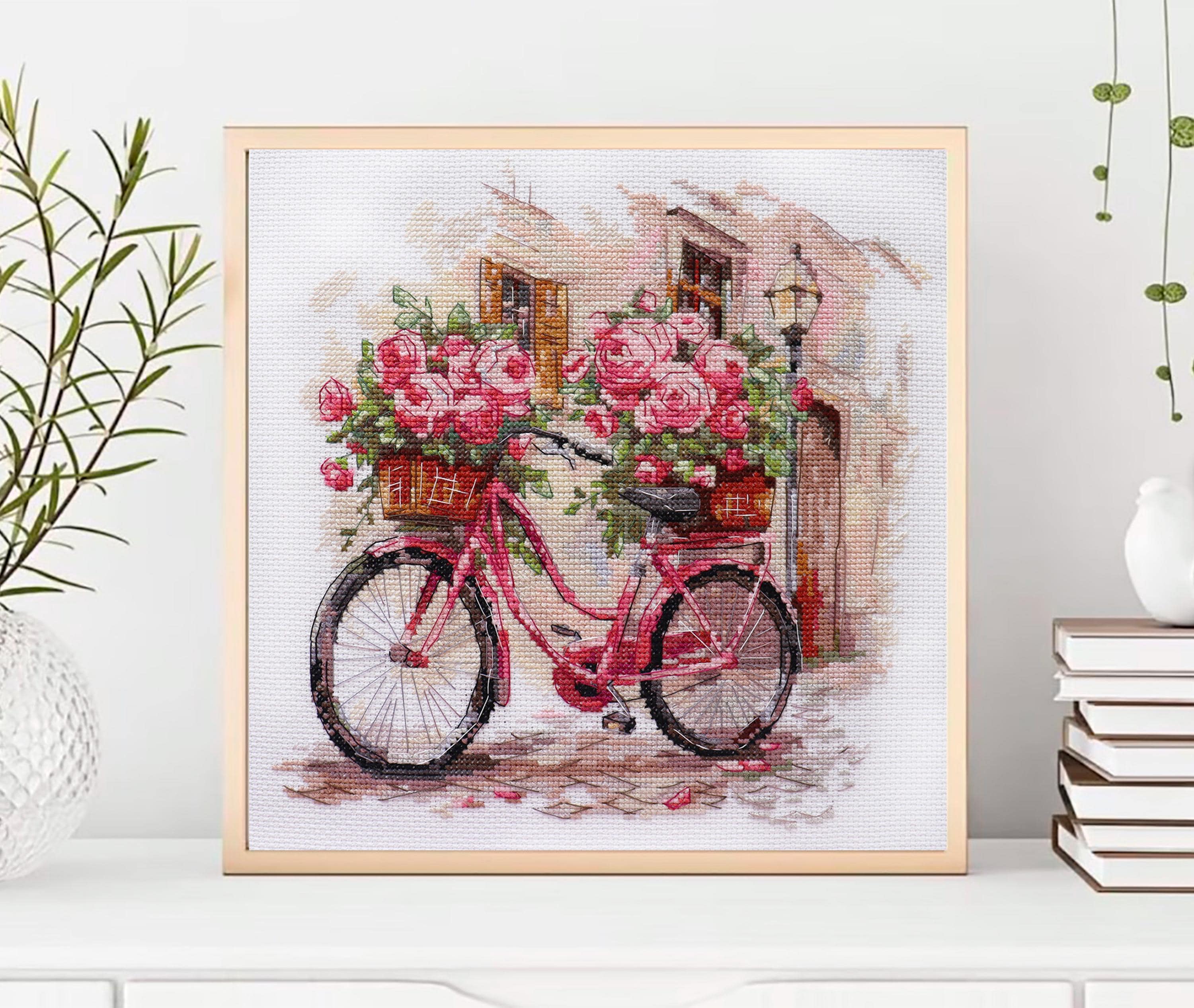 クロスステッチキット 花の自転車、花の刺繍、ニードルポイントキット