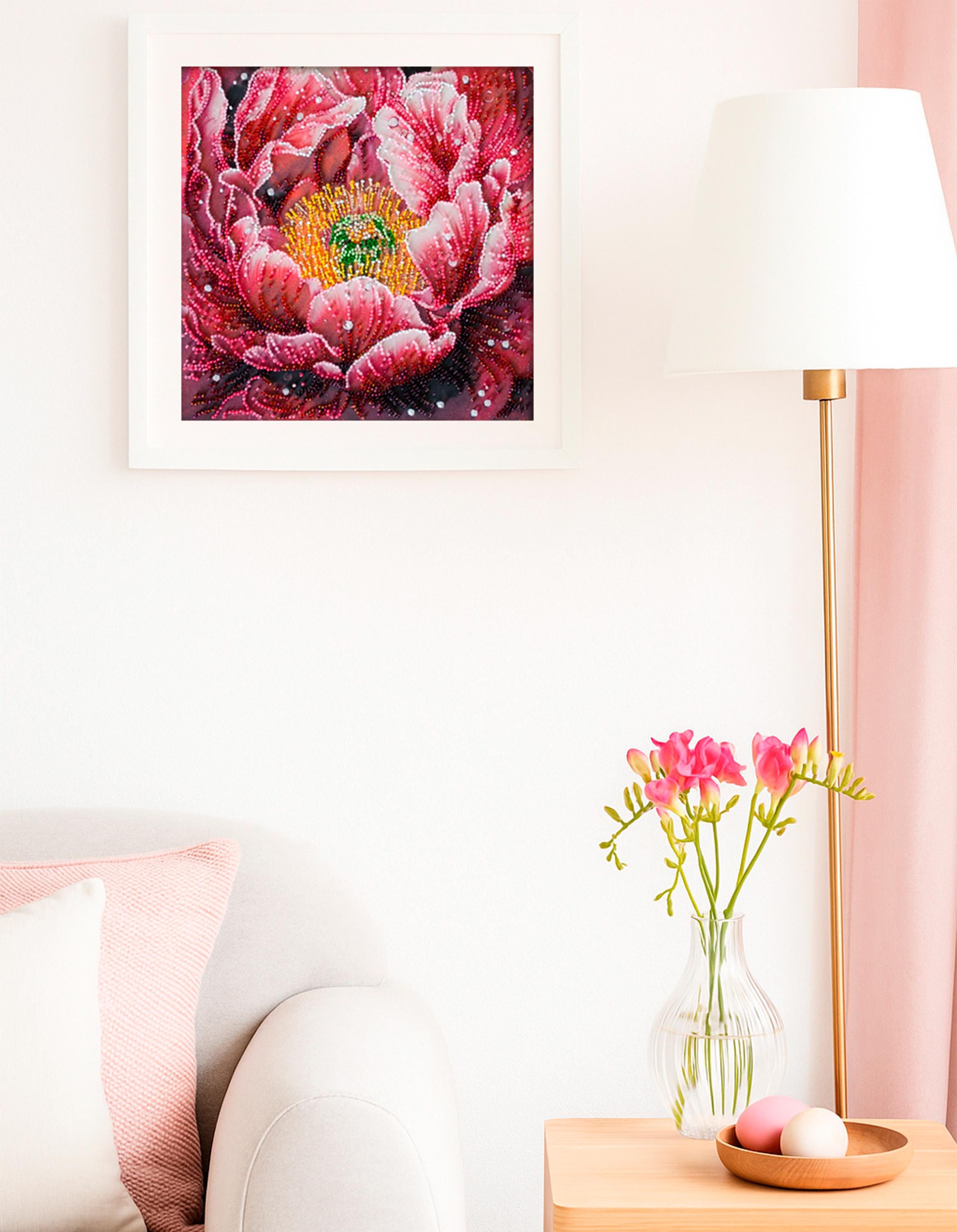 ビーズ刺繍キット デューズ・キス、花の刺繍、ビーズのピンクの牡丹