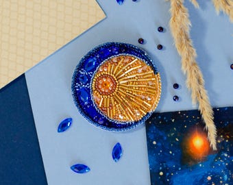 Bead Embroidery Kit Celestial Duet, Moon and Sun Brooch, Beaded Brooch Kit, Heavenly Couple, Moon and Sun Embroidery, DIY Fashion Accessory