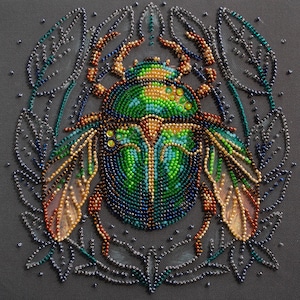 Bead Embroidery Kit Emerald Beetle, Insect Embroidery, DIY Beaded Bug