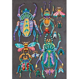 May include: A selection of beaded insect art pieces in various sizes and colours. The insects include beetles, butterflies, and other bugs, with intricate patterns and vibrant hues of blue, green, pink, and yellow. The artwork is displayed on a dark grey background.