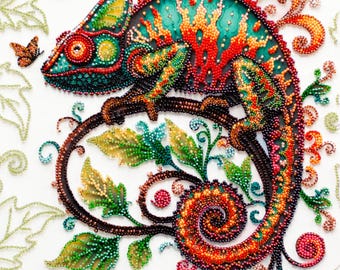 Bead Embroidery Kit Colorful Chameleon, Beaded Reptile, Lizard Embroidery, Master of Reincarnations