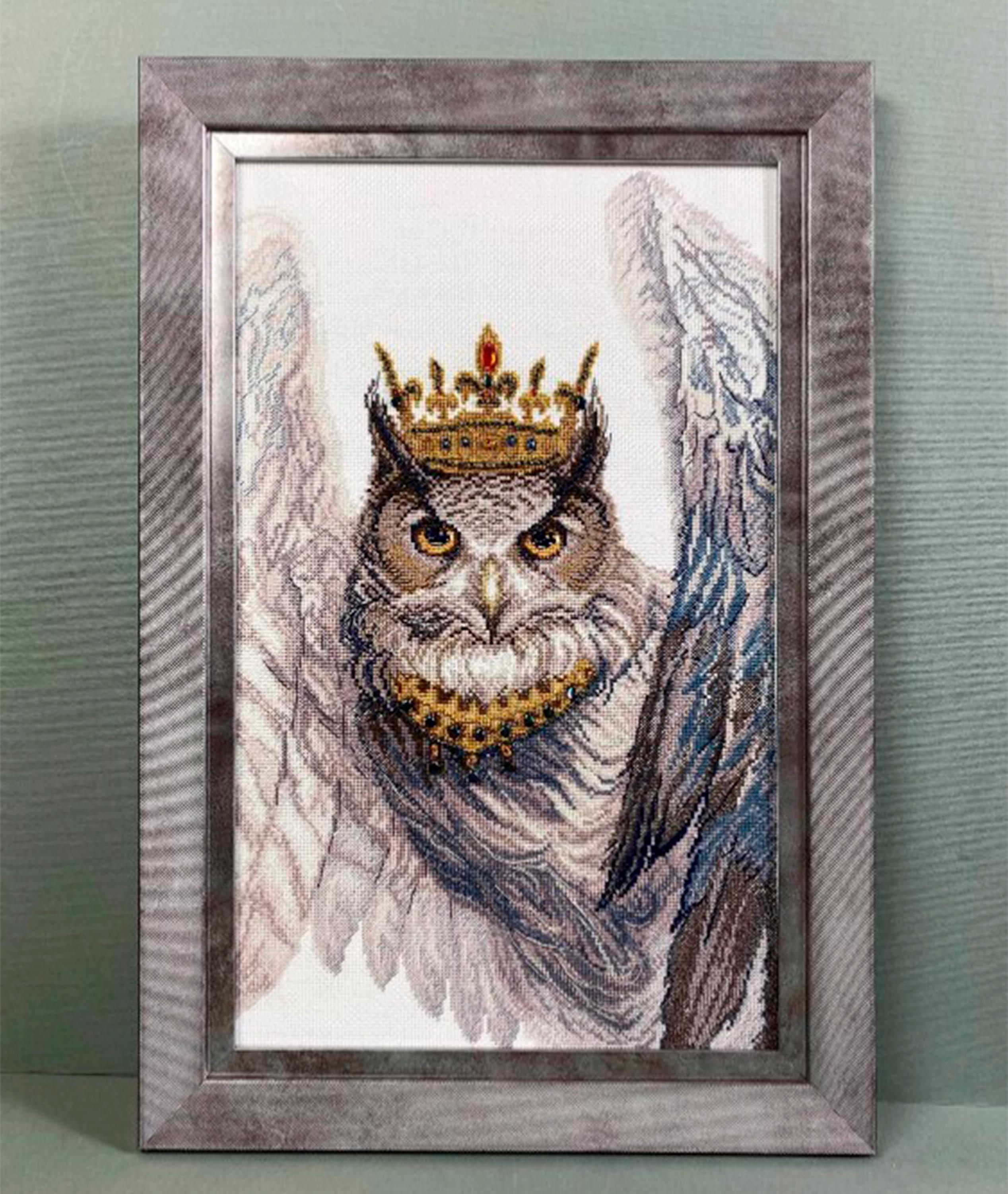 Cross Stitch Kit Royal Owl, Bird Embroidery, Colorful Wall Decor, DIY Gray Owl