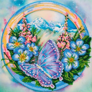 Bead Embroidery Kit Purple Butterfly, Insect Embroidery, DIY Beaded Flowers