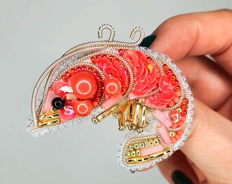 ビーズ刺繍キット エビのブローチ、ビーズ付きサンゴエビ、エビの刺繍
