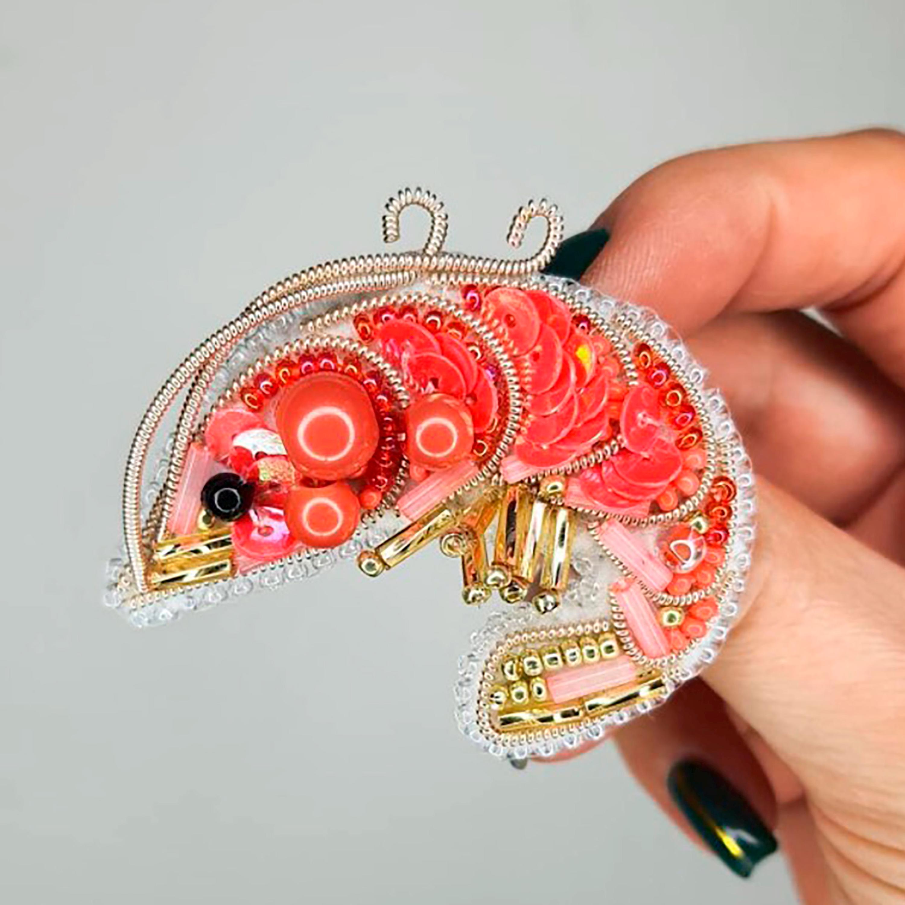 ビーズ刺繍キット エビのブローチ、ビーズ付きサンゴエビ、エビの刺繍