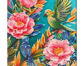 ビーズ刺繍キット 咲く庭 夏の風景 牡丹 鳥 動物 針仕事 ビーズ細工