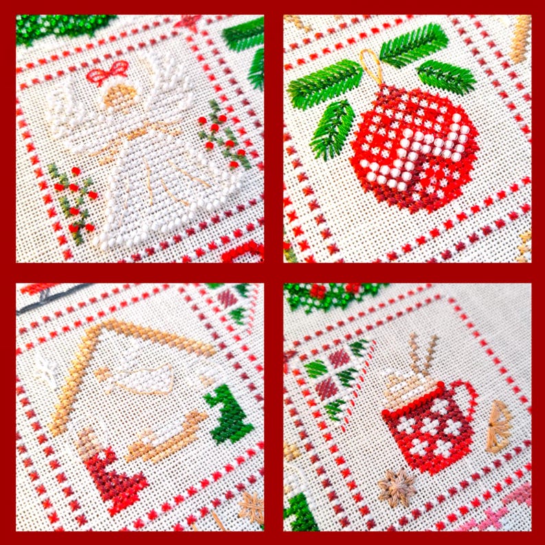 May include: Close-up of four square cross-stitch designs with a Christmas theme. The designs include an angel, a red ornament, a nativity scene, and a mug of hot cocoa. Each design is framed with a red border and features a white background.