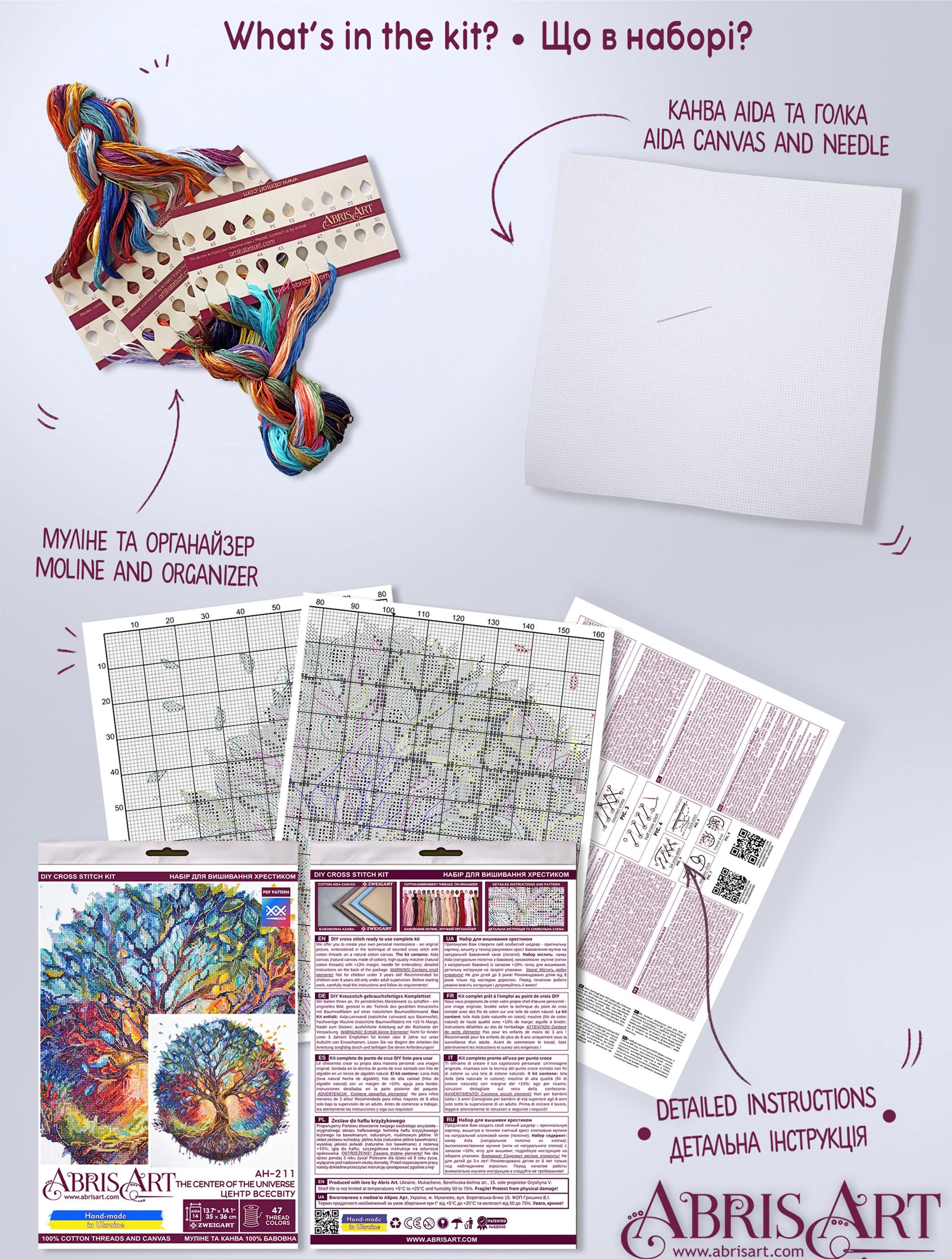 Kit Point De Croix Estampillé "Arbre De Vie" - Tissu 11CT 40x30 Cm, Complet Avec Fils Et Accessoires - 7