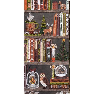 May include: A wooden bookshelf with a variety of books, including "Winter Magic", "A Frosty Night", and "Child of the Blizzard". The shelf is decorated with a small Christmas tree, a deer, a lantern, an owl, and a snow globe.
