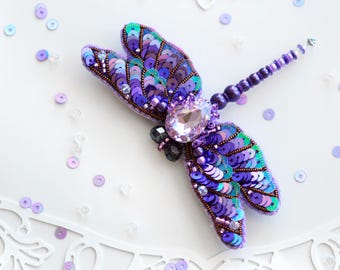 Bead Embroidery Kit Purple Dragonfly Brooch, Insect Embroidery, DIY Beaded Dragonfly