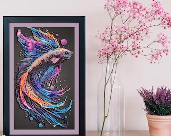 Bead Embroidery Kit Waves of Color, Beaded Betta Fish, DIY Colorful Fish, Fish Embroidery