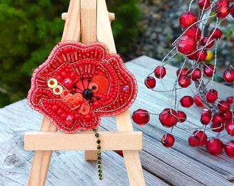 Bead Embroidery Kit Poppy Brooch, Wildflower Embroidery, Beaded Red Poppy, DIY Floral Accessory
