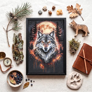 May include: A framed picture of a wolf, with a full moon and forest background. The wolf has grey and white fur, with orange accents. The image is surrounded by natural elements, including acorns, leaves, a wooden wolf figurine, and a leather-bound notebook.
