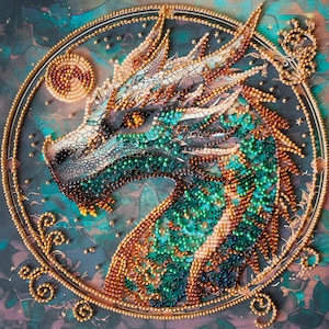 May include: A detailed, beaded artwork featuring a dragon's head within a circular frame. The dragon is rendered in shades of teal, green, and gold, with intricate beadwork creating scales and details. A small, beaded sun is visible.